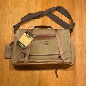 NWT Renwick canvas brown leather padded laptop messenger shoulder bag briefcase